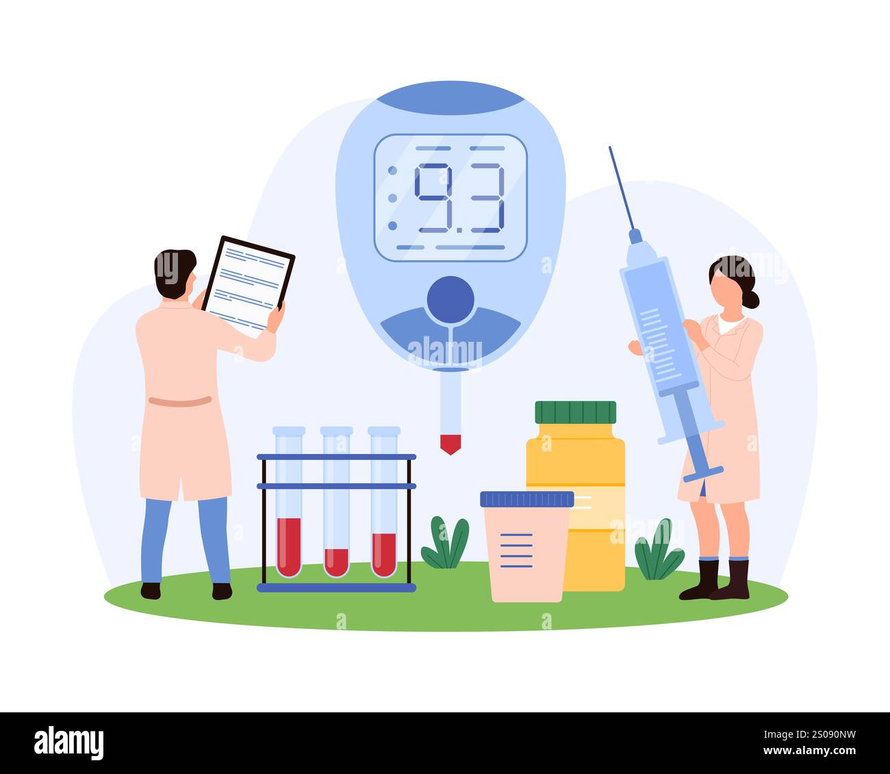 Scienziati che monitorano il diabete con tecnologie avanzate. Uno registra i dati su una clipboard, un altro gestisce una siringa grande e un glucometro visualizza l'illustrazione del vettore dei risultati. Illustrazione Vettoriale