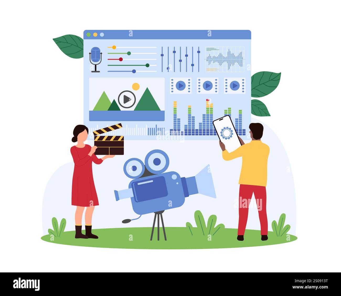 Produzione e montaggio di video, montaggio di film, generazione di contenuti. Le persone più piccole modificano animazioni, suoni e timeline con strumenti di automazione visiva sulla finestra del software editor illustrazioni vettoriali dei cartoni animati Illustrazione Vettoriale