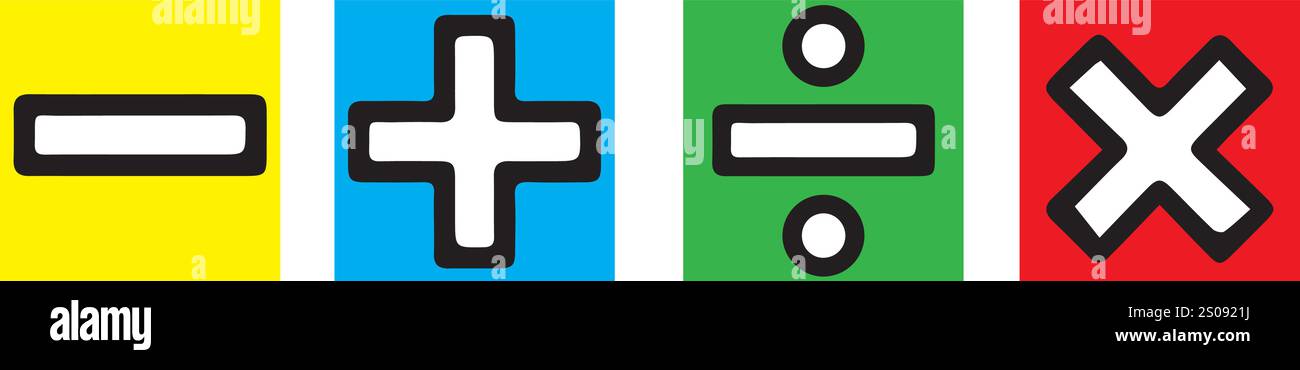 icone operazioni matematiche, addizione, sottrazione, moltiplicazione, operazioni di divisione Illustrazione Vettoriale