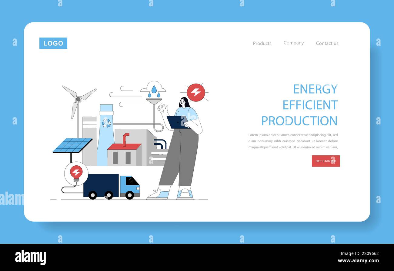 Concetto di produzione efficiente dal punto di vista energetico. Fabbrica moderna che integra energia rinnovabile con una gestione professionale delle operazioni. Processo industriale sostenibile. Illustrazione vettoriale. Illustrazione Vettoriale