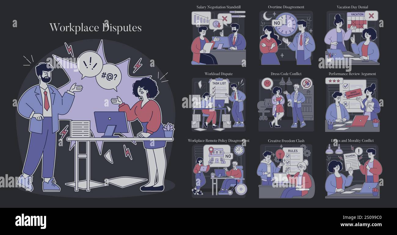 Contenziosi sul luogo di lavoro. Illustrazione di conflitti d'ufficio comuni, dalle trattative salariali al codice di abbigliamento e all'etica. In grado di far sentire i professionisti che affrontano gli scontri tra team. Illustrazione vettoriale. Illustrazione Vettoriale