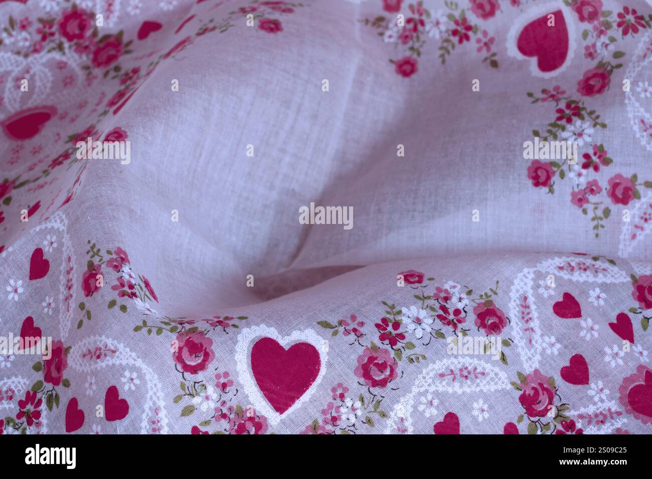 Cuori e fiori su tessuto fazzoletto tenue mostrano un design delicato per il testo centrale. Il panno Valentine è un tessuto di cotone di lino fine. Il motivo floreale è rosso. Foto Stock