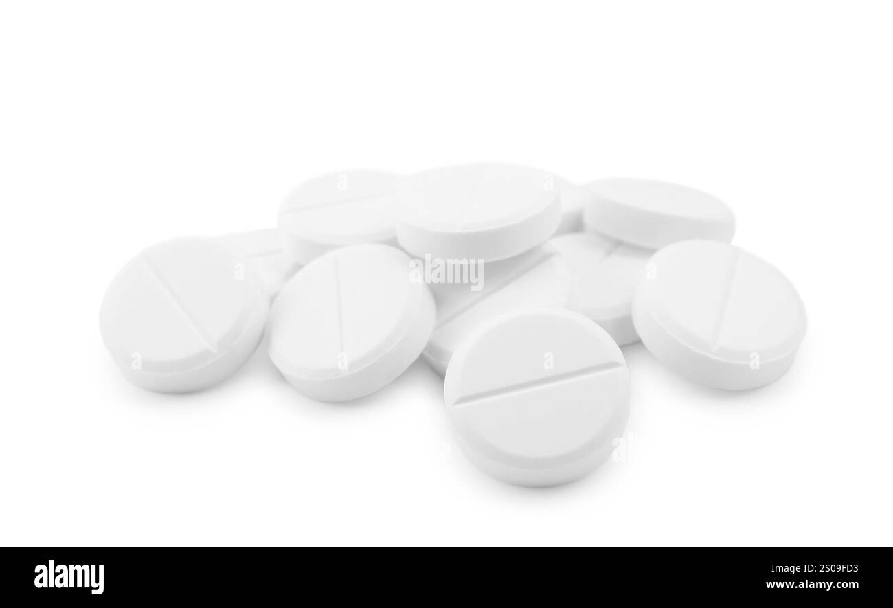 Pillole antibiotiche isolate su bianco. Trattamento medico Foto Stock