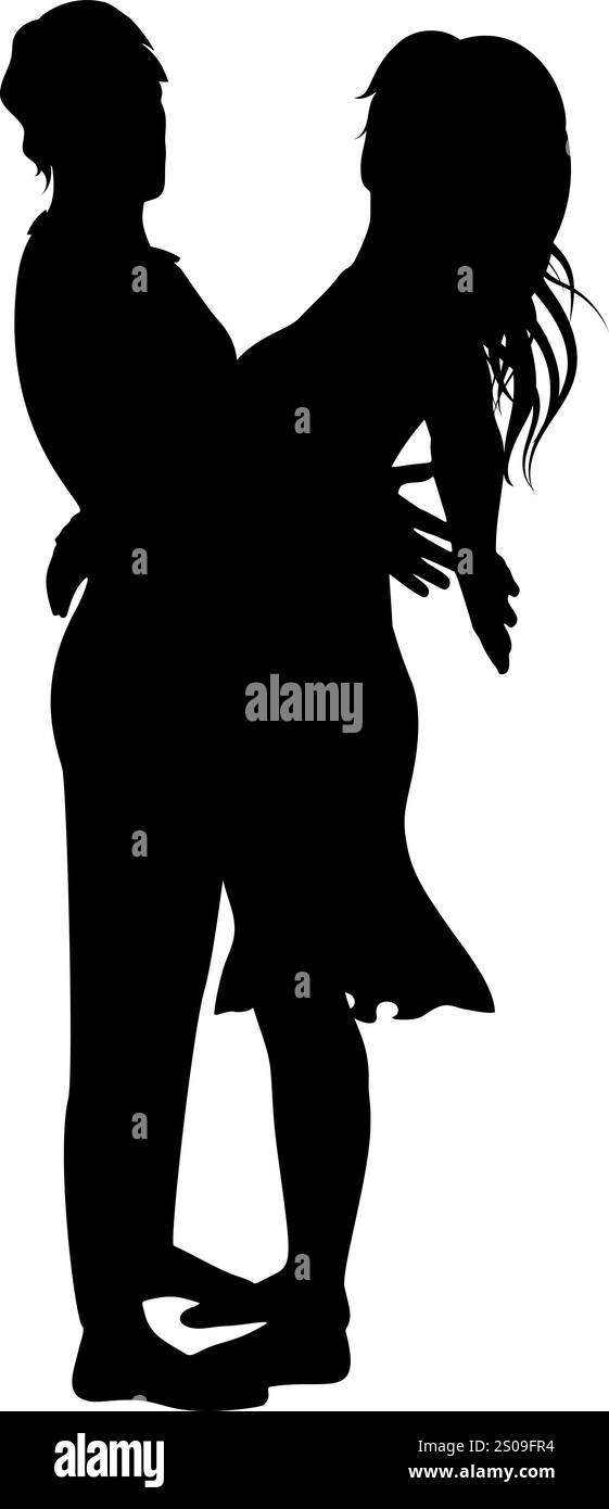 Silhouette di una coppia avvolgente che ritrae calore, amore e unità in una forma stilizzata ed elegante. Ideale per soggiorni romantici e a tema relazionale Illustrazione Vettoriale