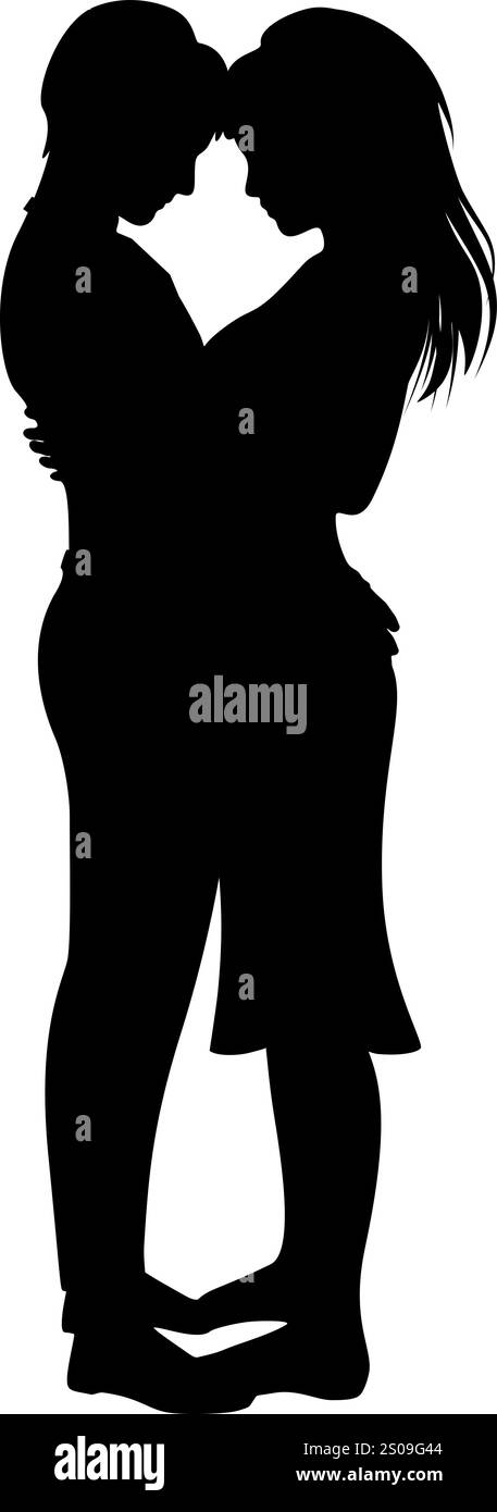 Silhouette di una coppia avvolgente che ritrae calore, amore e unità in una forma stilizzata ed elegante. Ideale per soggiorni romantici e a tema relazionale Illustrazione Vettoriale