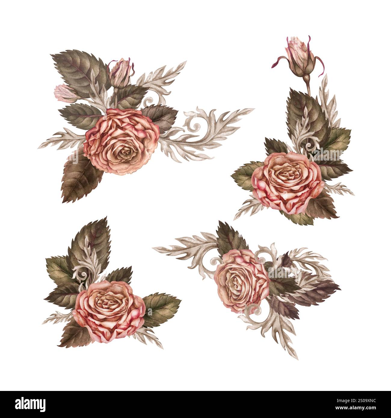 Set di mazzi di rose di acquerelli e decorazioni a forma di cuore di corallo incorniciate da perle in una palette di mocha mousse rosa e marrone. Botanico disegnato a mano Foto Stock