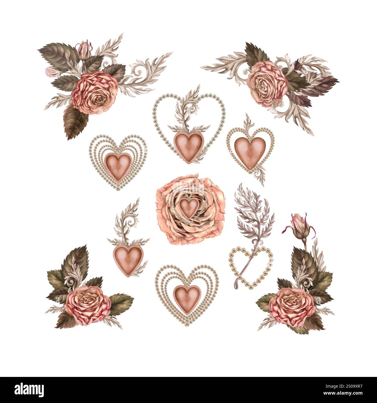 Set di mazzi di rose di acquerelli e decorazioni a forma di cuore di corallo incorniciate da perle in una palette di mocha mousse rosa e marrone. Botanico disegnato a mano Foto Stock