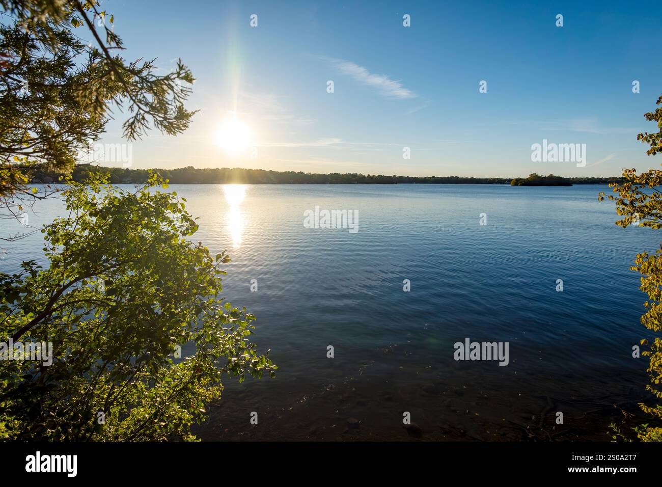 Sole nel tardo pomeriggio su un lago del Wisconsin all'inizio di ottobre. Foto Stock