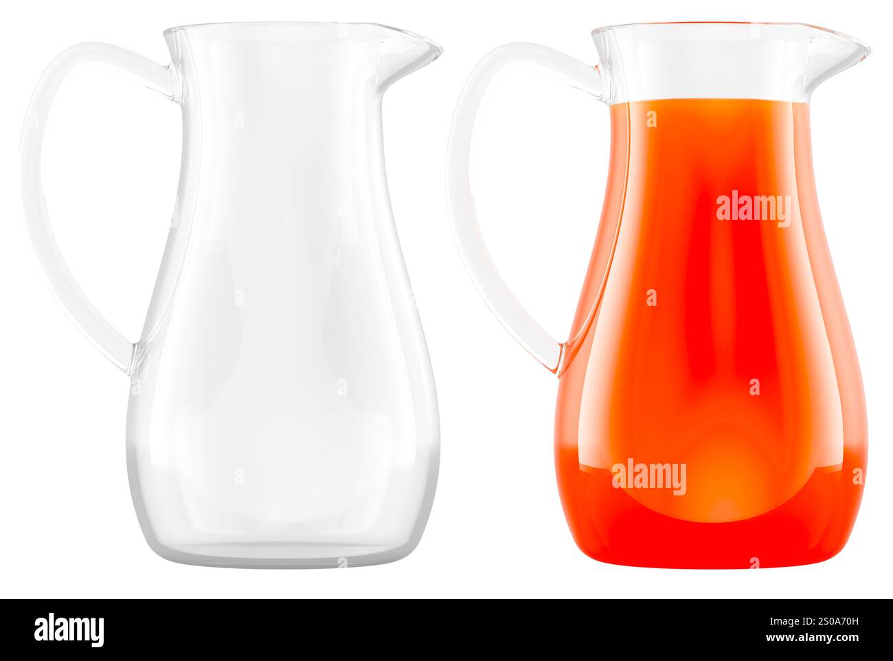 Caraffa vuota in vetro trasparente e caraffa di succo di frutta, caraffa di vetro con bevanda all'arancia. Rendering 3D isolato su sfondo bianco Foto Stock