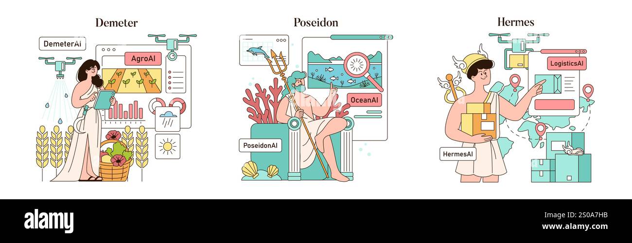 Set IA Olympic Gods Synergy. Le tecnologie moderne incontrano antiche divinità, come Demetra, Poseidone ed Hermes gestiscono l'agricoltura, gli oceani e la logistica con l'intelligenza artificiale. Illustrazione vettoriale. Illustrazione Vettoriale
