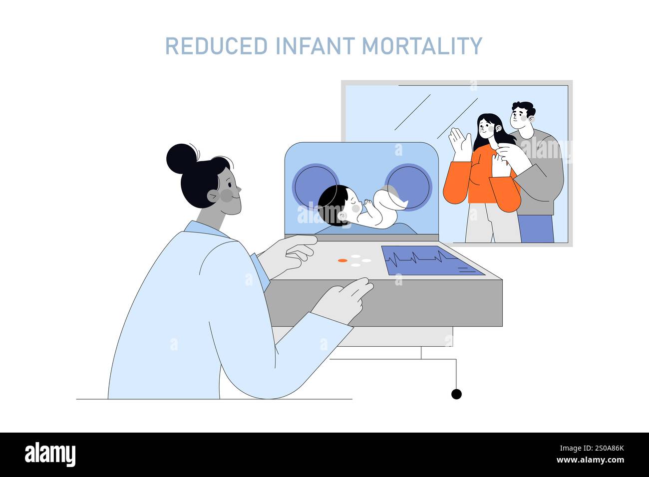 Illustrazione sanitaria che evidenzia i progressi medici che portano a una riduzione dei tassi di mortalità infantile. I genitori sorvegliano il neonato in ospedale. Illustrazione vettoriale. Illustrazione Vettoriale