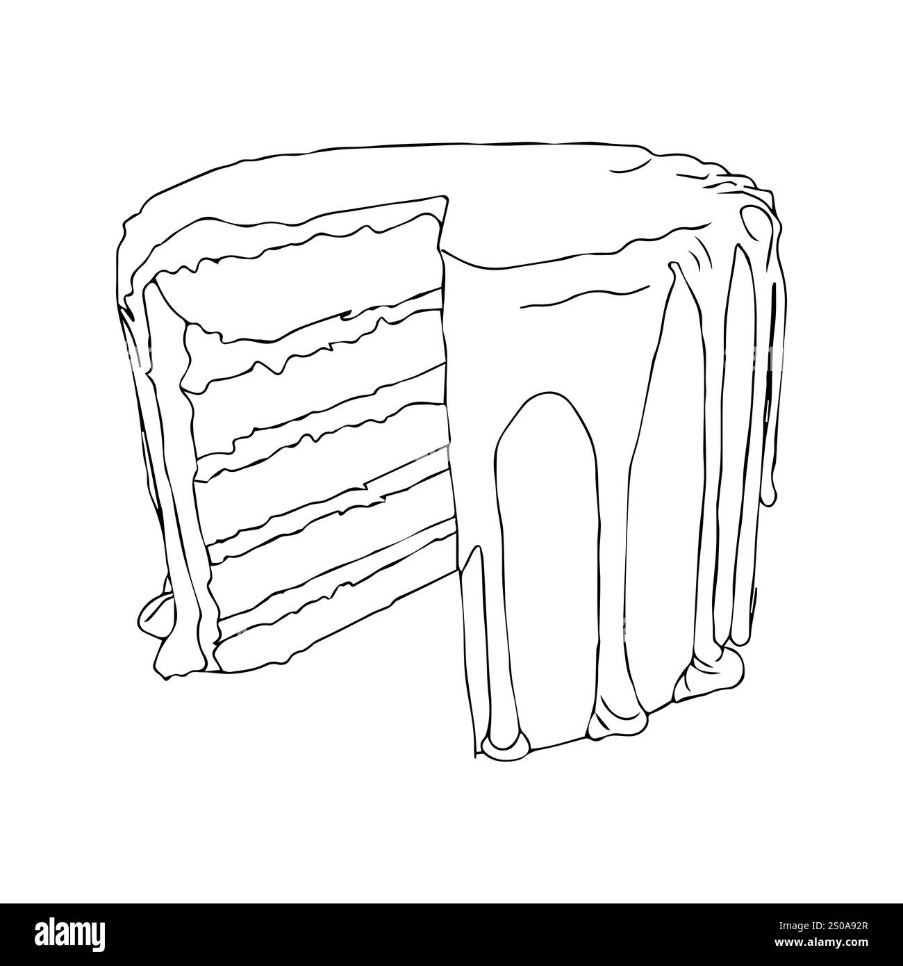 Torta multistrato con triangolo tagliato. Illustrazione vettoriale in stile doodle isolata su sfondo bianco. Illustrazione Vettoriale