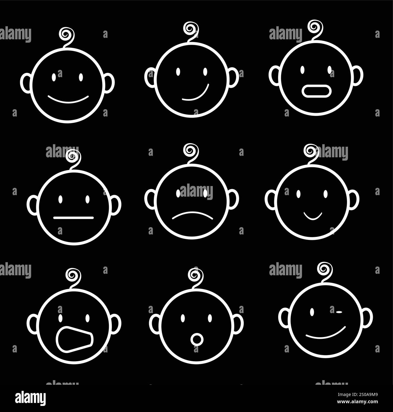 I volti del bambino mostrano emozioni diverse: Felicità, tristezza, sorpresa e altro ancora Illustrazione Vettoriale