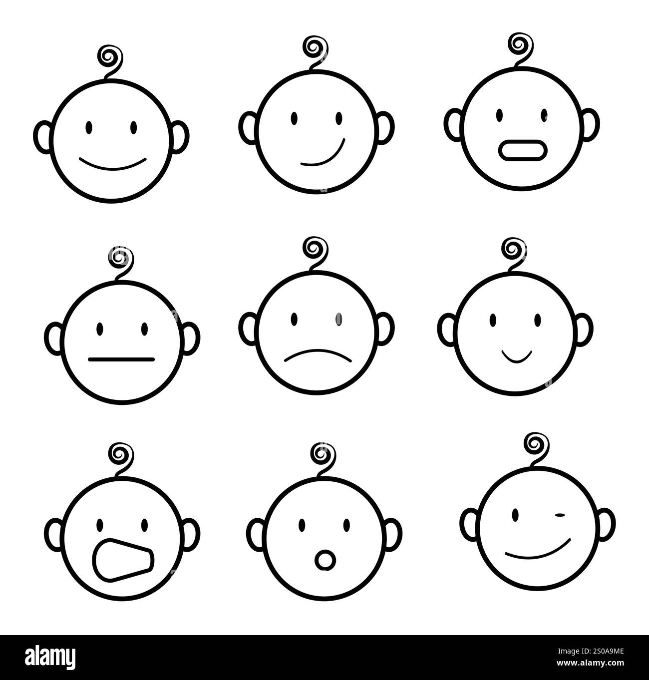 I volti del bambino mostrano emozioni diverse: Felicità, tristezza, sorpresa e altro ancora Illustrazione Vettoriale