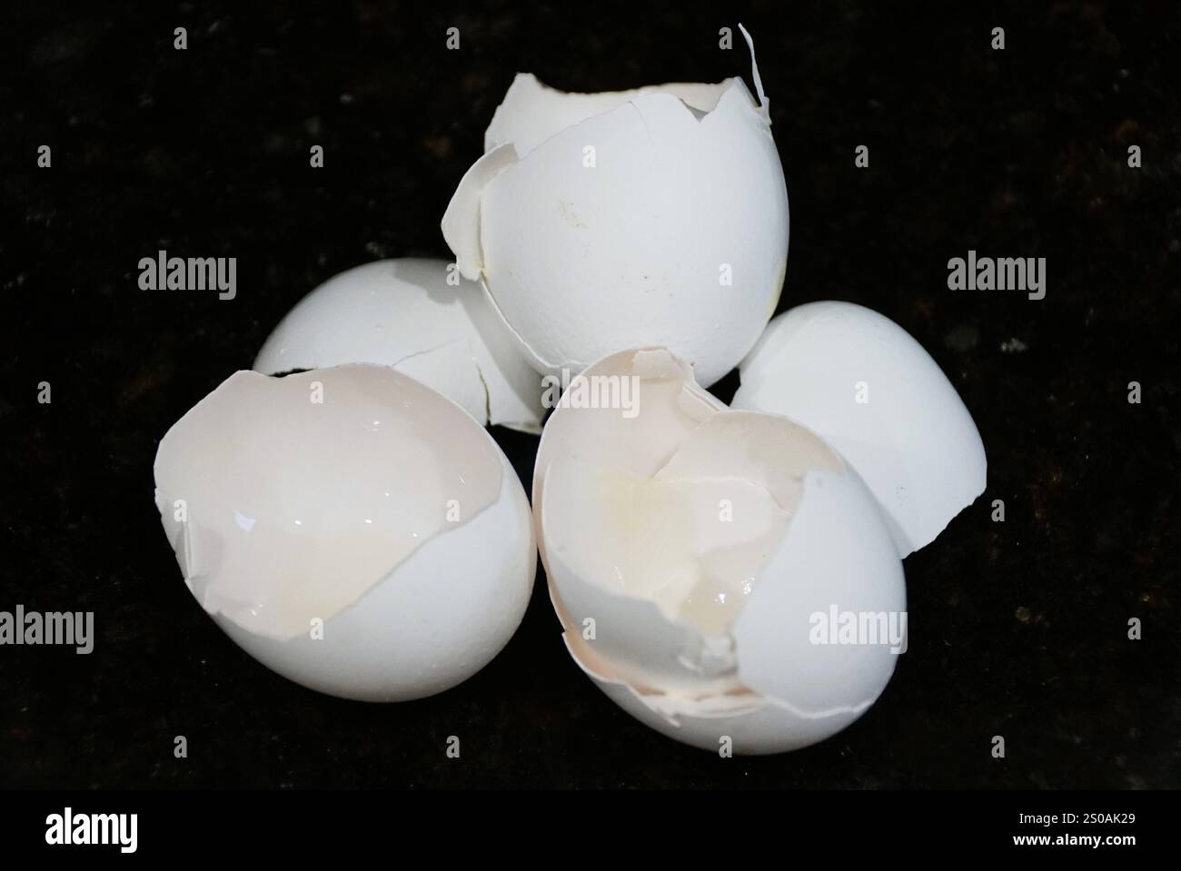 Primo piano delle gusci d'uovo bianche su sfondo nero isolato Foto Stock