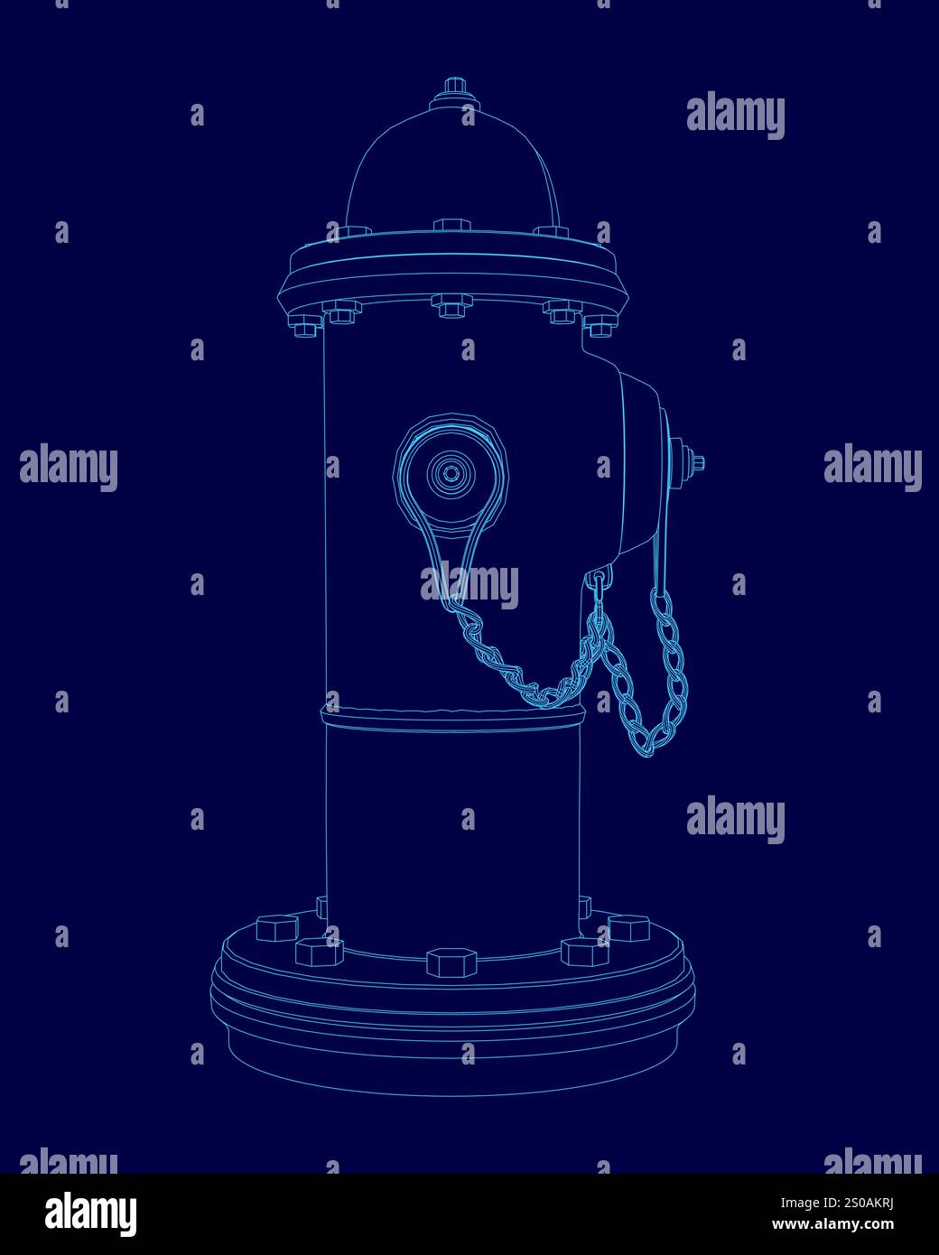 Disegno blu di un idrante con una catena intorno. La catena è appesa dalla parte superiore dell'idrante Illustrazione Vettoriale