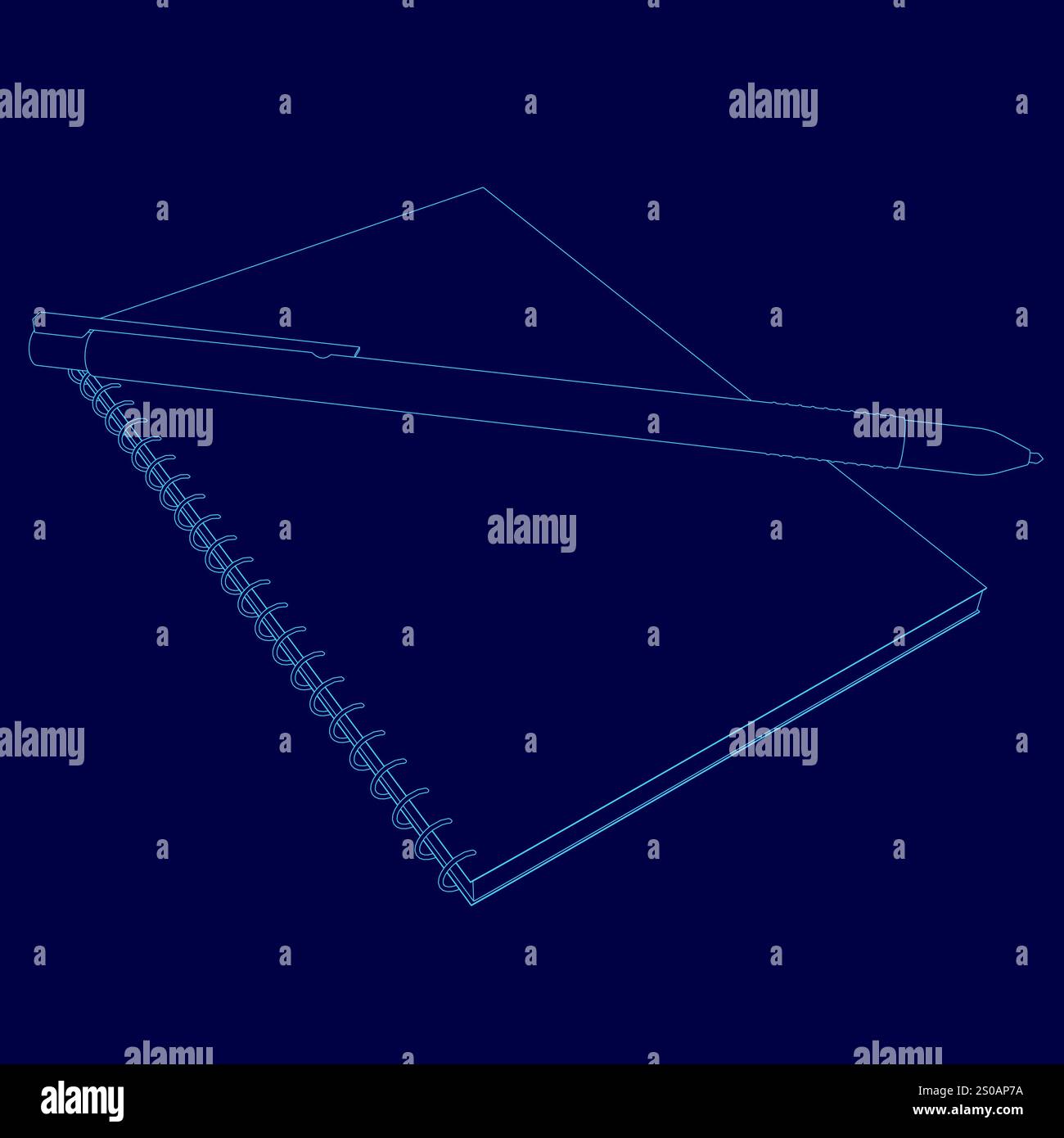 La penna e un blocco appunti a spirale sono posizionati uno sopra l'altro. Il notebook è blu e la penna Illustrazione Vettoriale