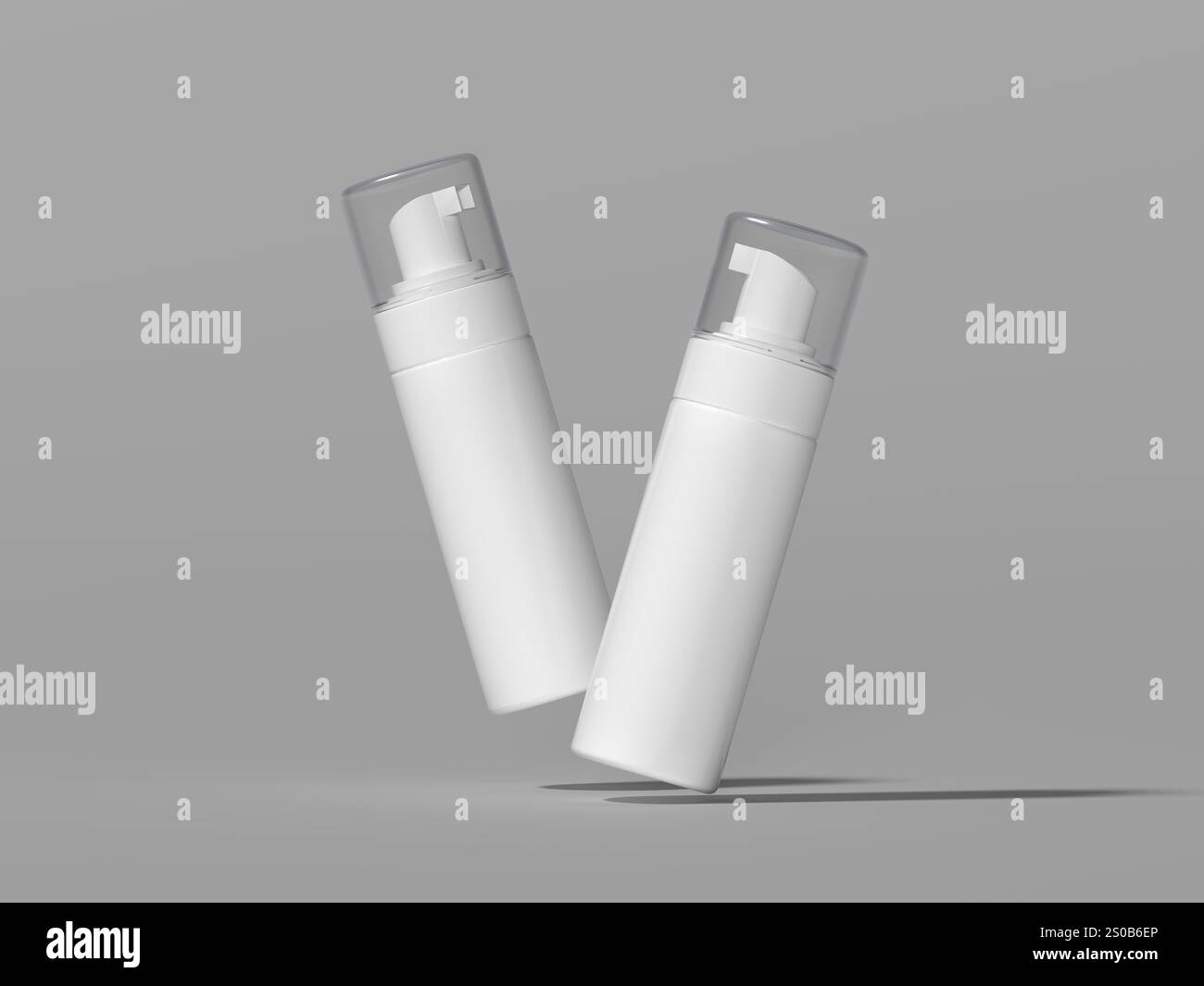 I flaconi in schiuma con rendering 3D volano con mockup vuoto in bianco Foto Stock