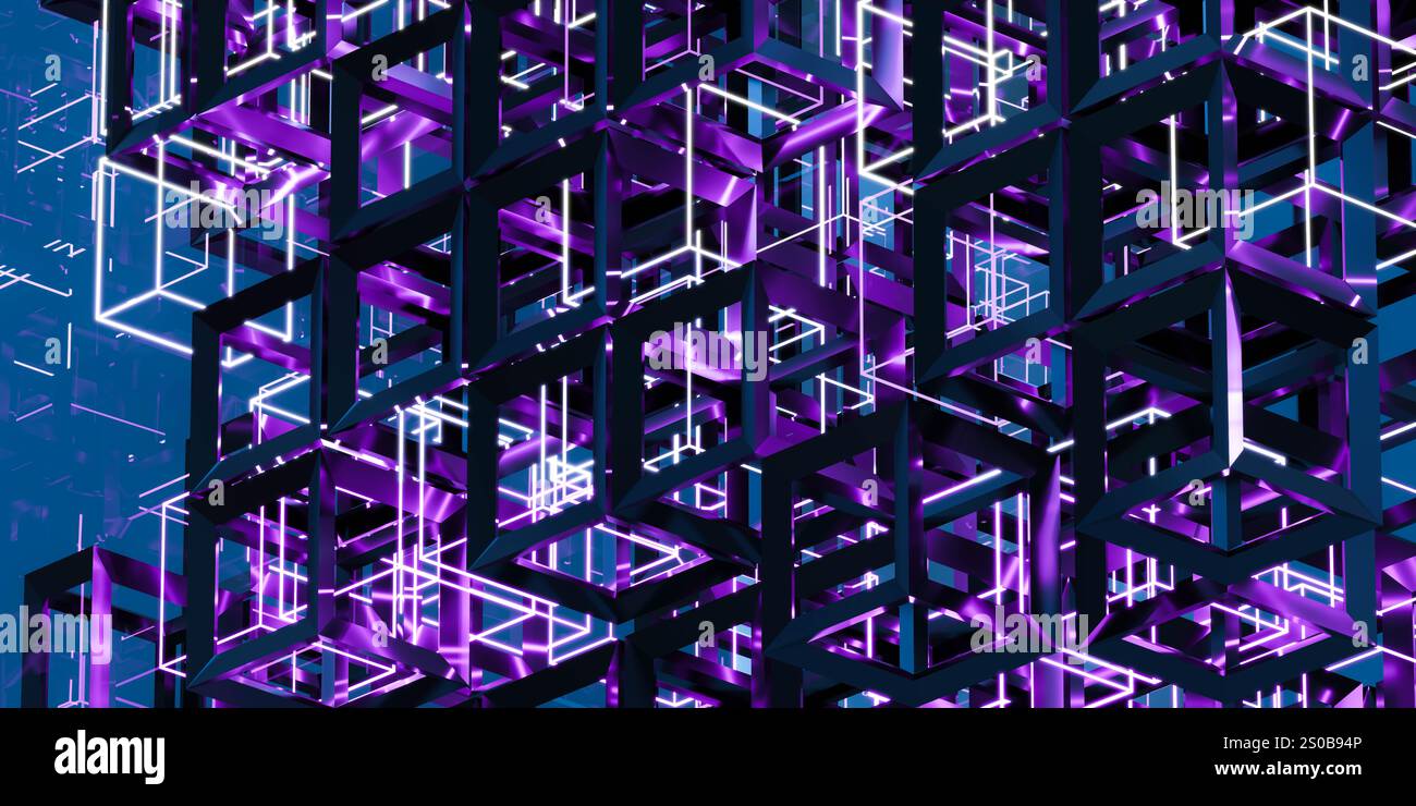 Futuristica struttura cubo 3D con luci viola 3d rendering sfondo sfondo sfondo di sfondo Foto Stock