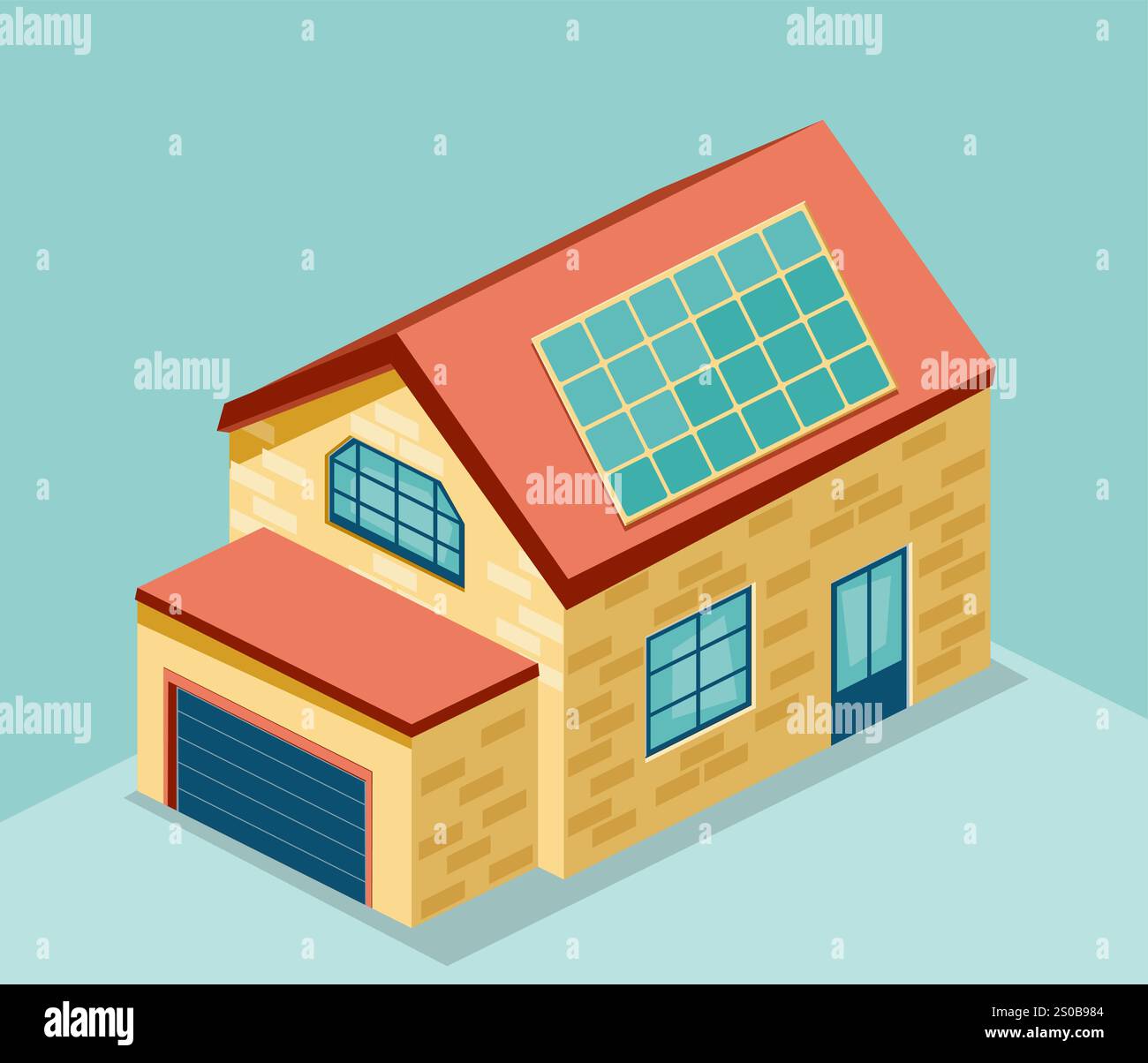 Piccola casa rurale isometrica con pannello solare sul tetto, concetto tecnologico ecocompatibile. Ideale per progetti di sostenibilità e visualizzazione architettonica Illustrazione Vettoriale