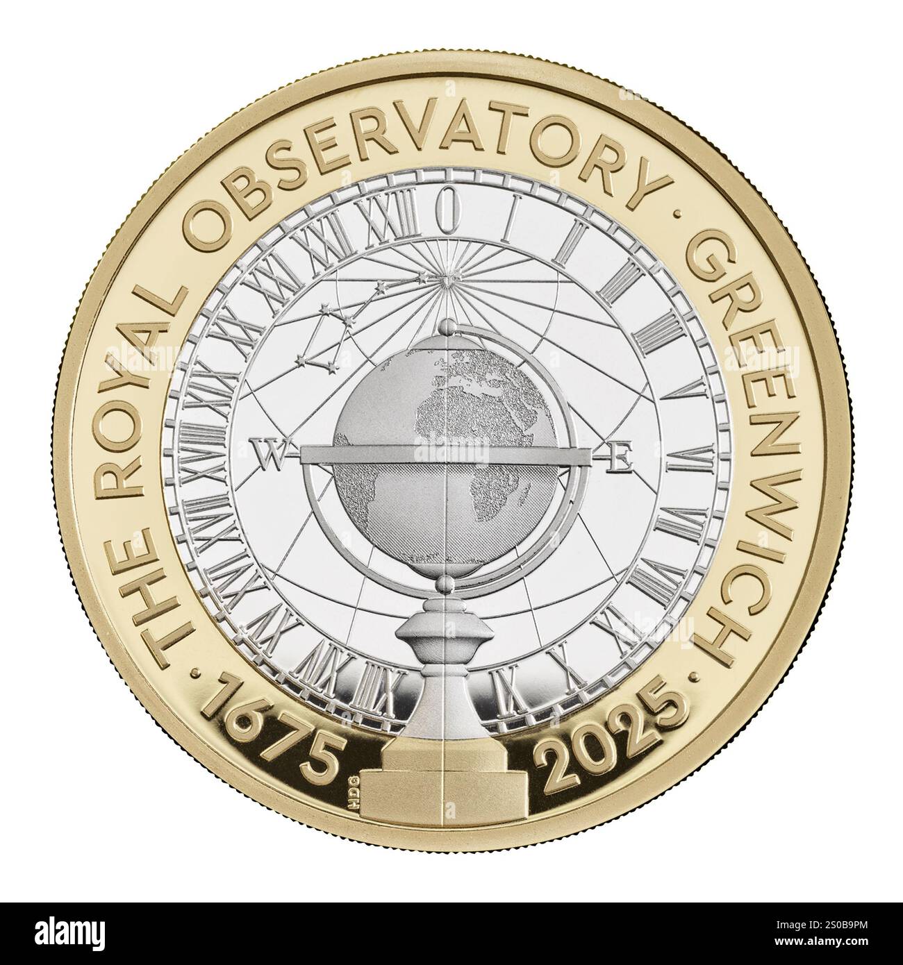 Foto non datata emessa dalla Royal Mint of the 350th Anniversary of the Royal Observatory, Greenwich £2 Coin, uno dei cinque nuovi disegni di monete che commemorano le prossime tappe nazionali e anniversari nel 2025. Le monete saranno disponibili in una gamma di finiture in metallo prezioso e a prova di base. Data di pubblicazione: Venerdì 27 dicembre 2024. Foto Stock