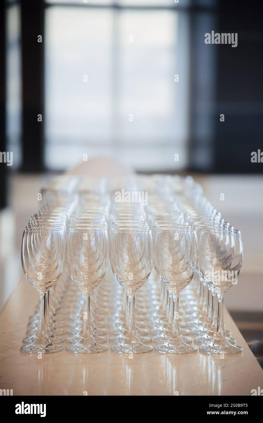 Molti bicchieri da vino vuoti sono in fila in attesa di versare un po' di liquore per molti ospiti invitati alla festa di festa per la cena in un lounge nell'ho Foto Stock
