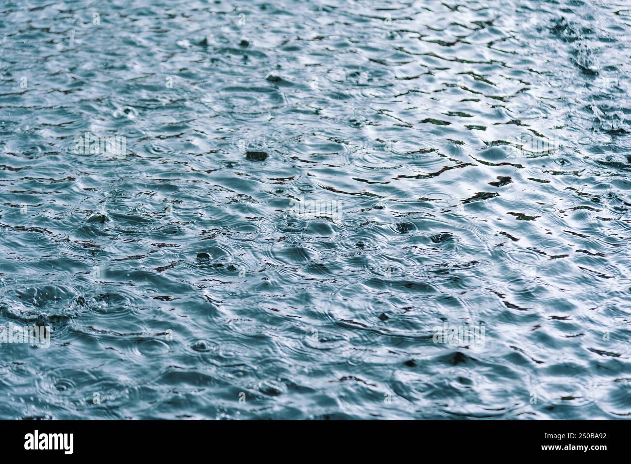 la pioggia cade sulla superficie dell'acqua in una pozza con sfumatura graduata di ombra nera e riflesso del cielo blu Foto Stock