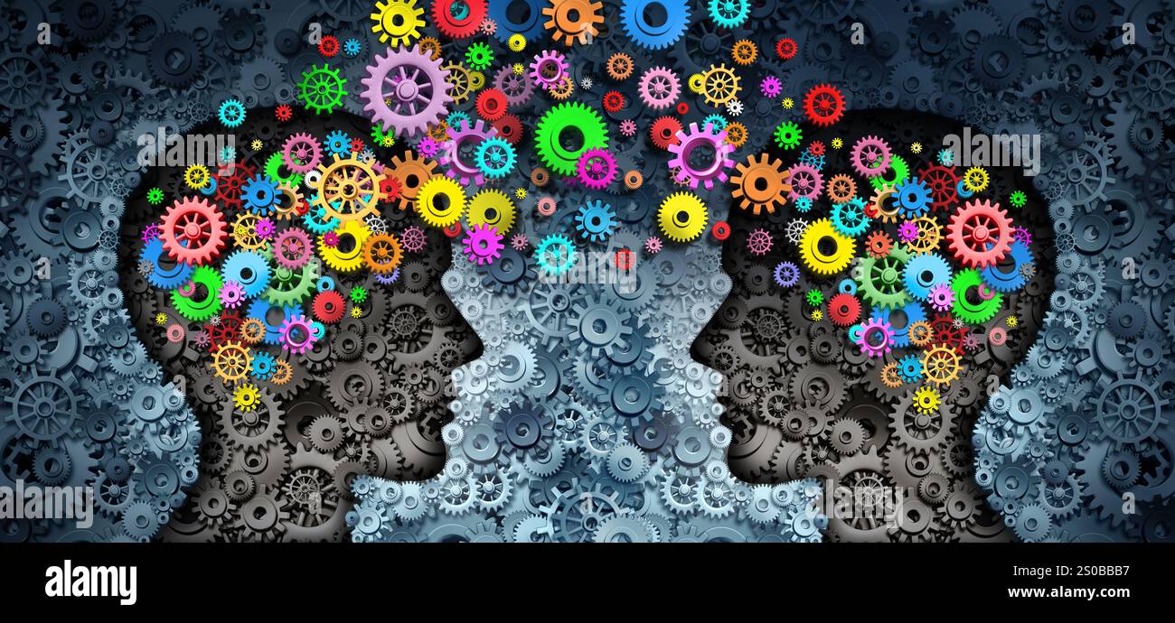 Concetto di scambio creativo e sviluppo dell'apprendimento o competenze educative e formazione aziendale simbolo della tecnologia e della funzione cerebrale che rappresenta l'engi Foto Stock