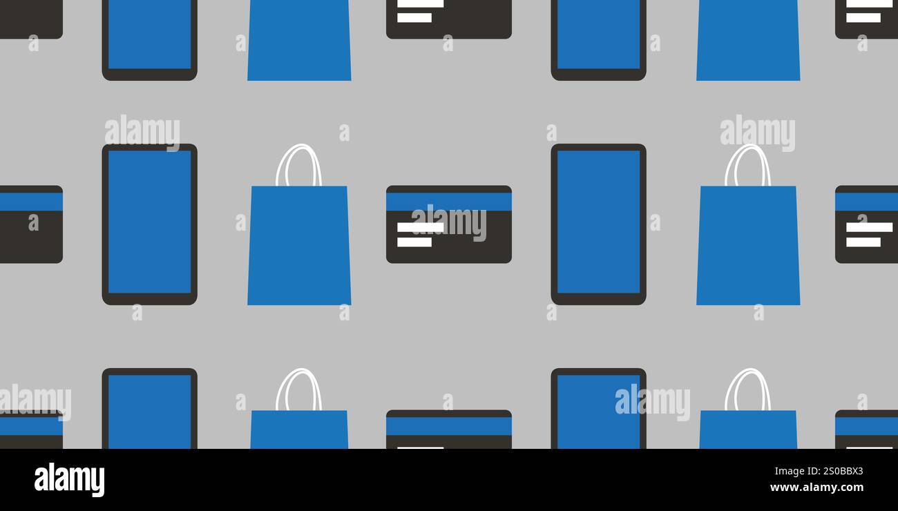 Concetto di progettazione di pagamenti mobili, acquisti online e e-Commerce - background, smartphone, carte di credito e borse per la spesa per progetti Web, LAN Illustrazione Vettoriale