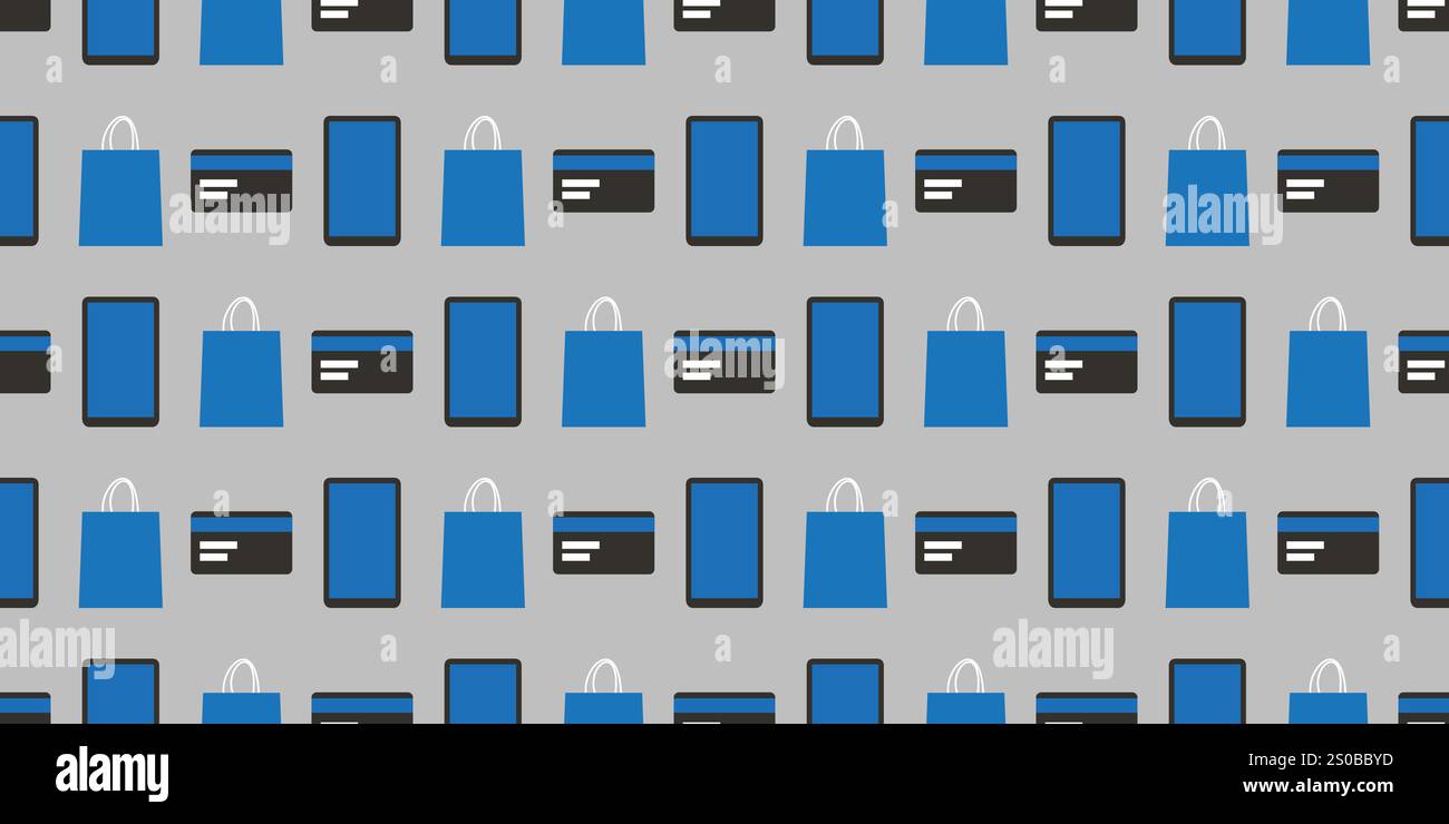 Concetto di progettazione di pagamenti mobili, acquisti online e e-Commerce - background, smartphone, carte di credito e borse per la spesa per progetti Web, LAN Illustrazione Vettoriale