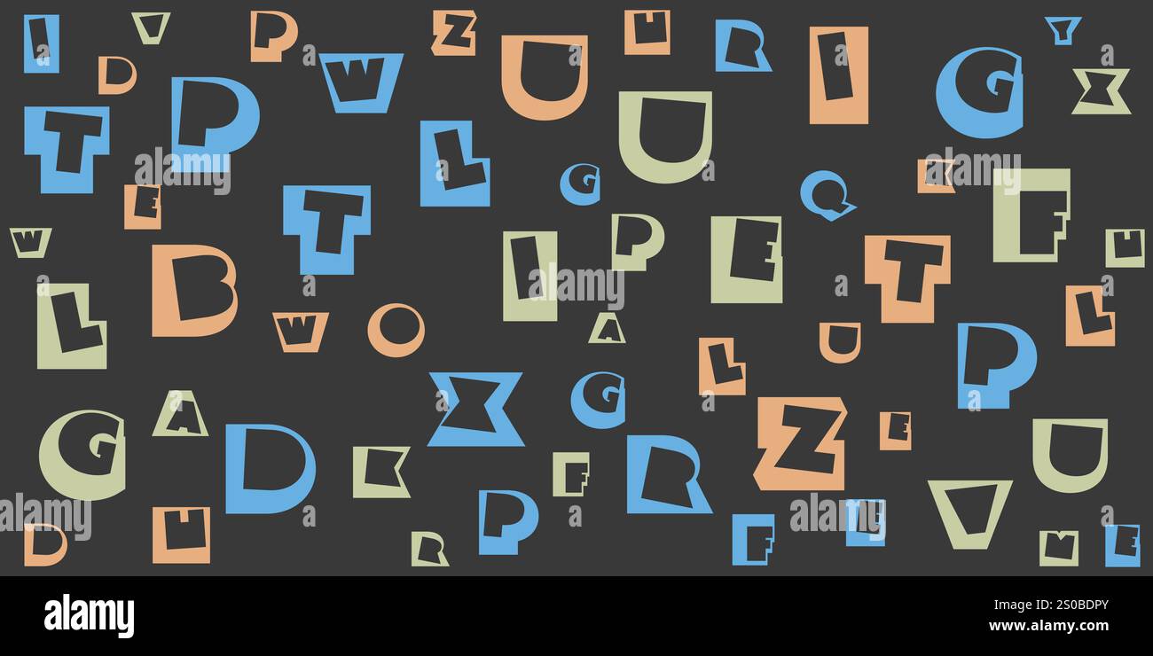 Vari motivi di lettere in stile Art Deco retro colorati scuri posizionati in modo casuale e dimensionati - trama, sfondo a larga scala, elemento di design per Web, Book Co Illustrazione Vettoriale