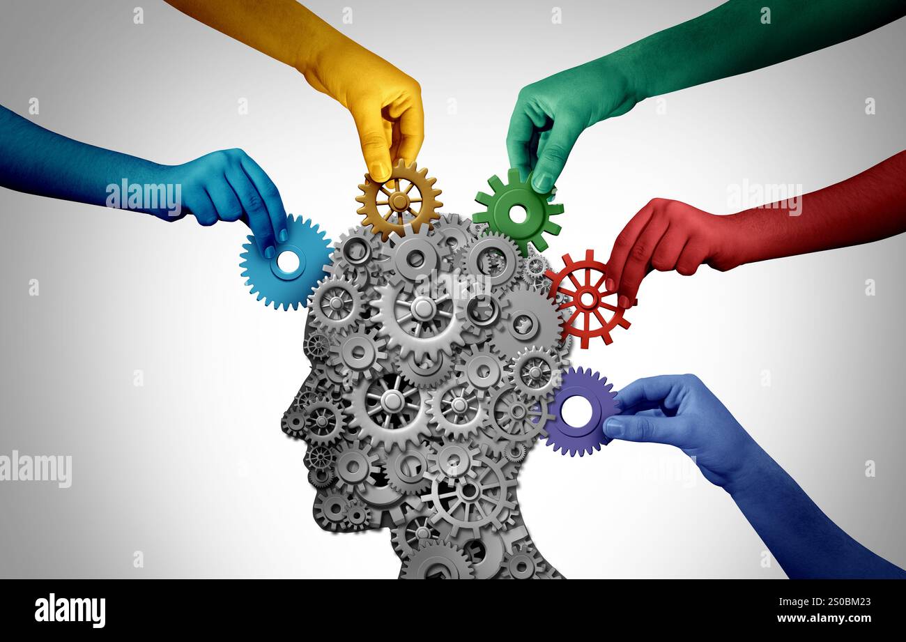 Crescita intellettuale e apprendimento come simbolo per l'educazione psicologia e terapia della salute mentale o formazione aziendale come testa umana con mano diversa Foto Stock