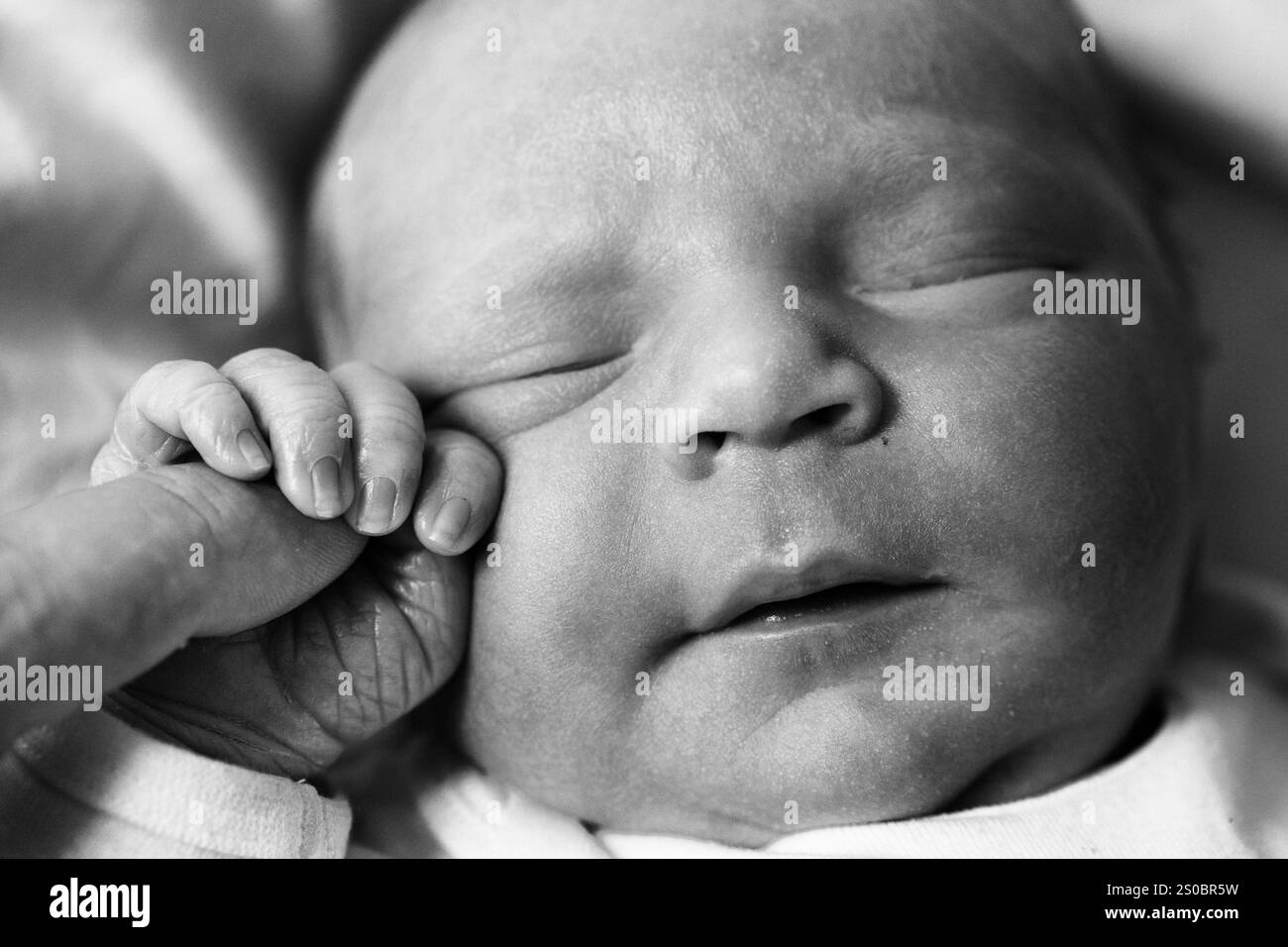 Un bambino appena nato che tiene il dito di suo padre. Foto Stock