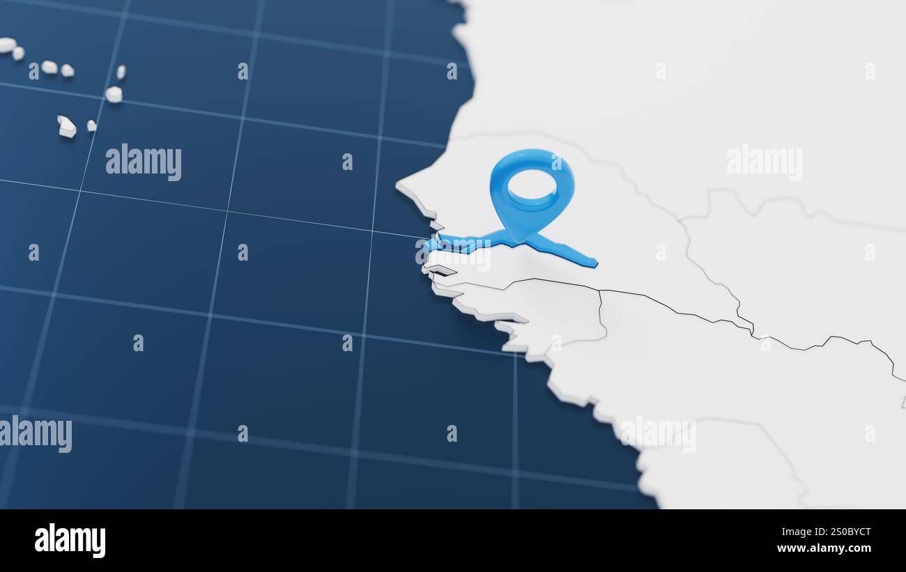 Mappa 3d Gambia blu con puntino circondato da altri paesi in bianco. Europa carta politica con confini. illustrazione di rendering 3d. Foto Stock