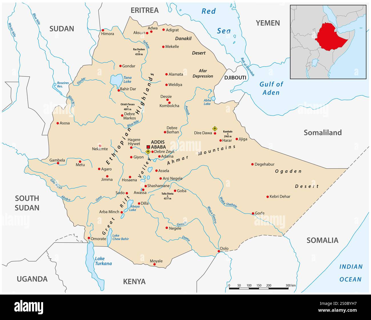 mappa dello stato dell'Africa orientale dell'Etiopia Foto Stock