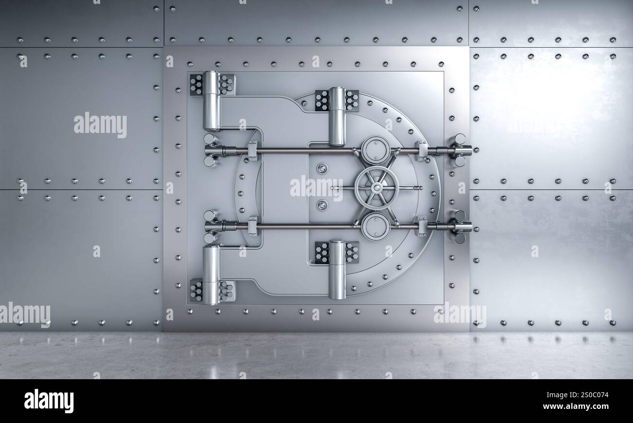 sportello del banco del vault con meccanismo di bloccaggio che protegge lo sfondo 3d. Foto Stock
