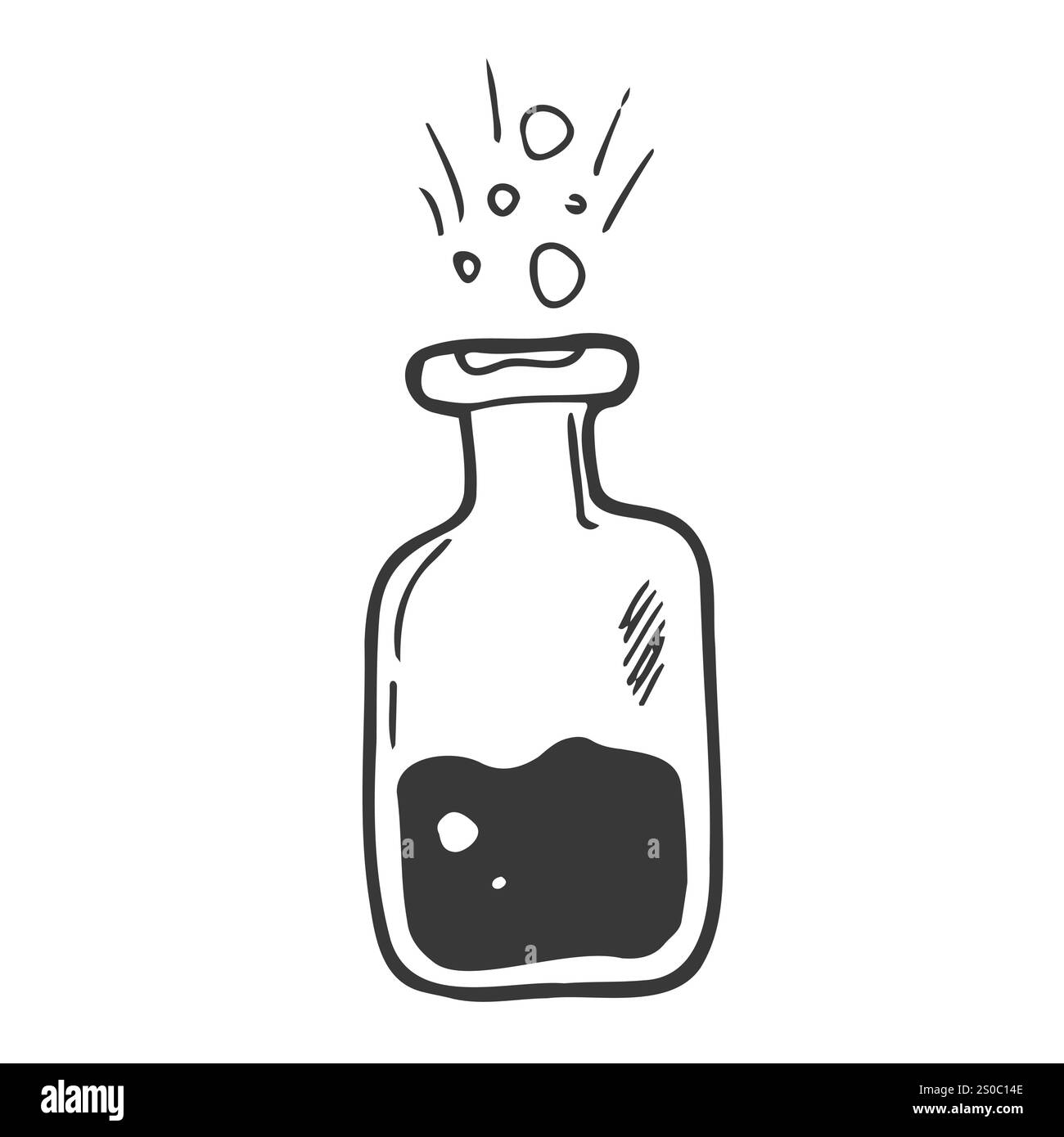 Un elisir magico. Stile Doodle. Una fiasca con pozione magica. Fiaba. Illustrazione Vettoriale