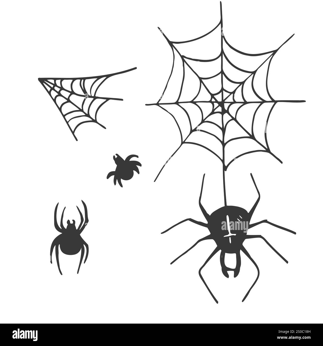 Ragnatela e ragni insieme di elementi in stile disegnato a mano. grafica vettoriale semplice doodle Illustrazione Vettoriale