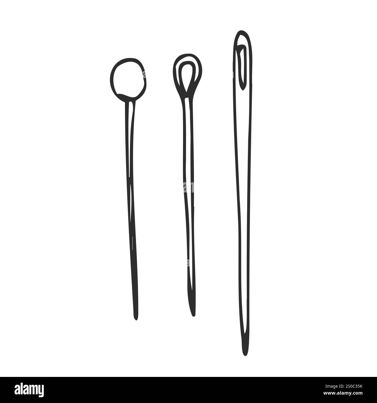 Set di shilhouette di aghi disegnati a mano per sarti, cucitori isolati su bg bianco Illustrazione Vettoriale