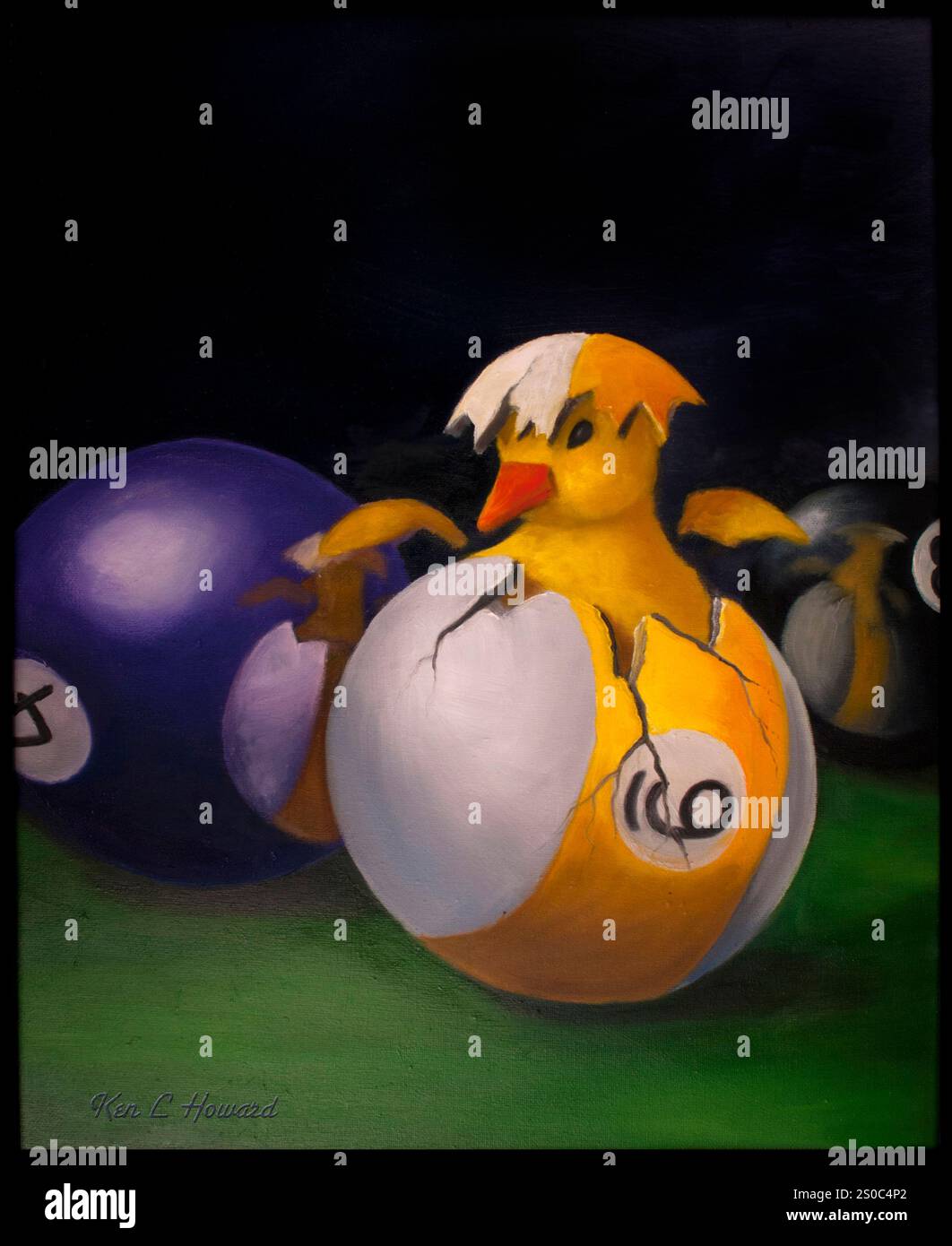 'Billiards Duck' Un dipinto di un anatra che si schiude da un biliardo / palla da biliardo, dipinto di Ken L Howard, proprietà rilasciata. Foto Stock