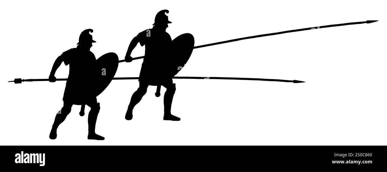Falange macedone. Oplite greca con lunghe lance sarissa. Disegno storico della silhouette. Foto Stock