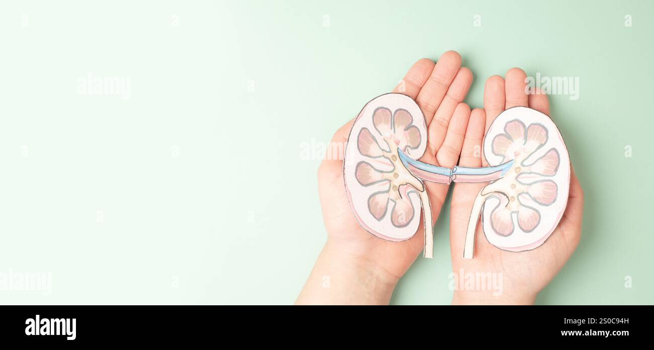 Malattia degli organi renali, giornata mondiale dei reni, funzionalità compromessa, problemi di salute, insufficienza renale, dialisi e trapianto, problema medico Foto Stock