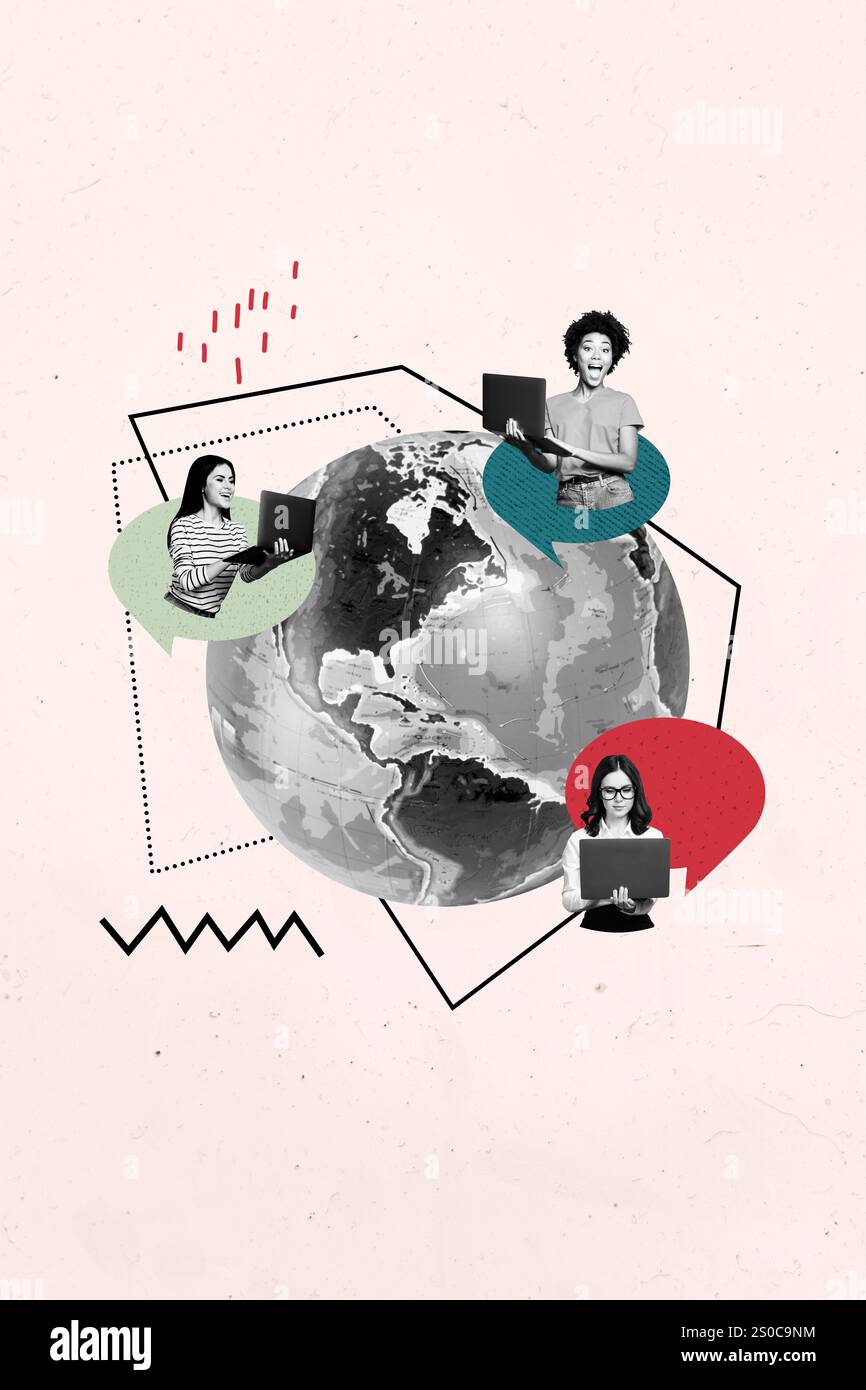 Grafica di tendenza composita schizzo immagine collage di riunione di un amico portatile remoto online tre ragazze appaiono connessione globale cloud vocale. Foto Stock