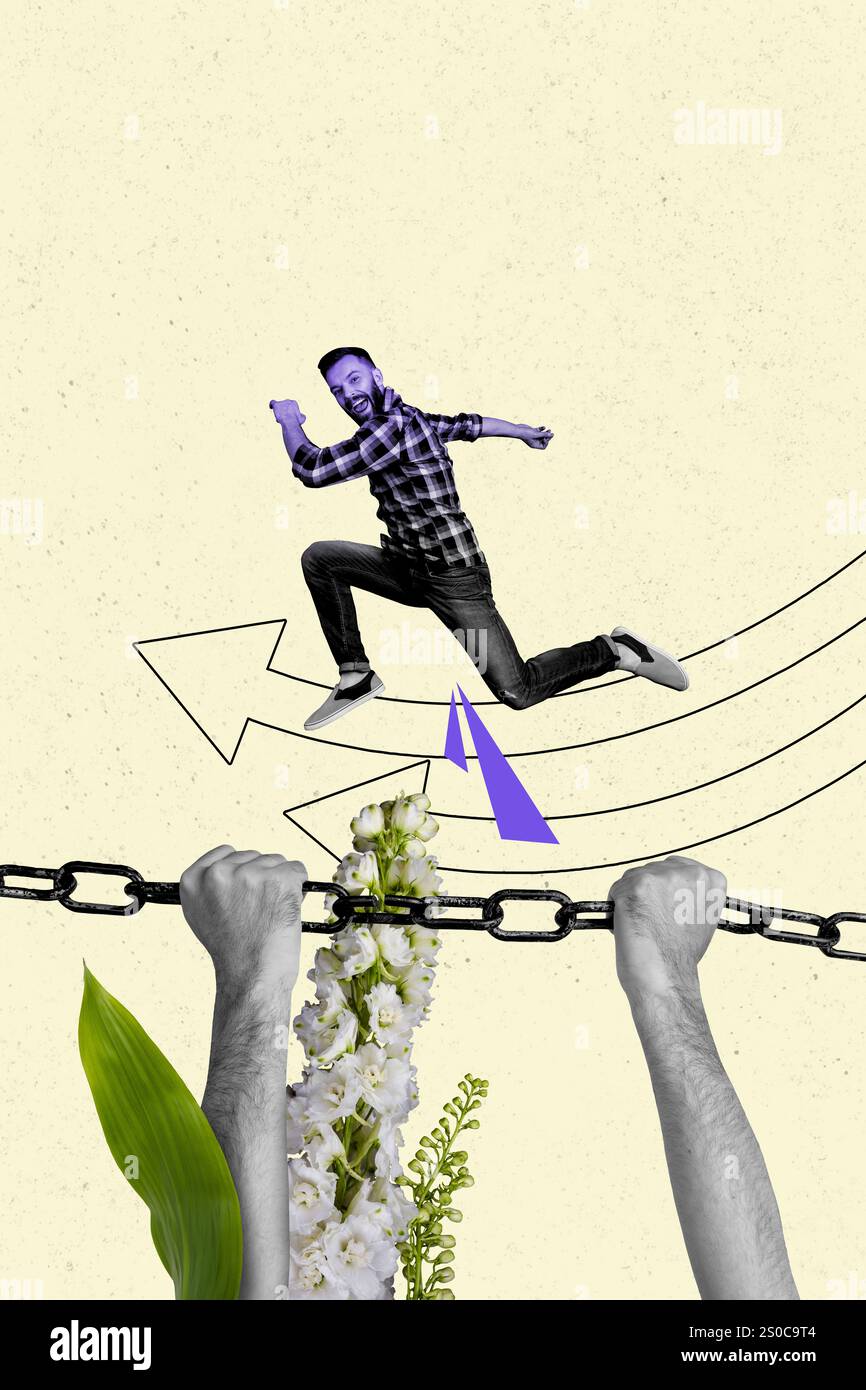 Grafica di tendenza composita immagine di schizzo 3D collage fotografico della direzione della freccia esecuzione giovane studente commerciante di successo Hand Hold Metal chain. Foto Stock