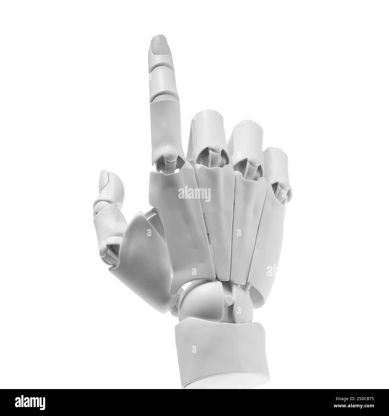 Intelligenza artificiale. Mano del robot che indica qualcosa su sfondo bianco Foto Stock