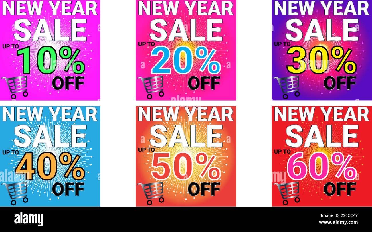 Vendita di Capodanno fino a 10 20 30 40 50 e 60% di banner in set di sei colori Illustrazione Vettoriale