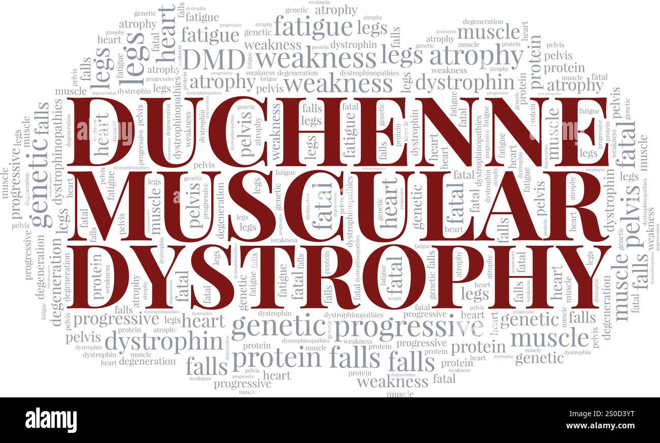 DMD Duchenne Muscular Dystrophy design concettuale nuvola di parole isolato su sfondo bianco. Illustrazione Vettoriale