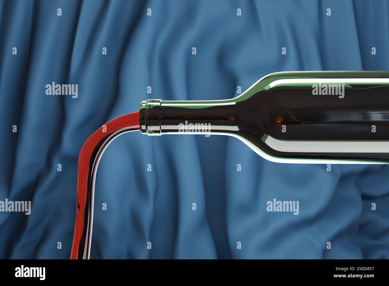 Vino rosso che fuoriesce da una bottiglia verde davanti a uno sfondo blu. Illustrazione del concetto di bevande alcoliche, ristoranti raffinati e servizi di catering Foto Stock