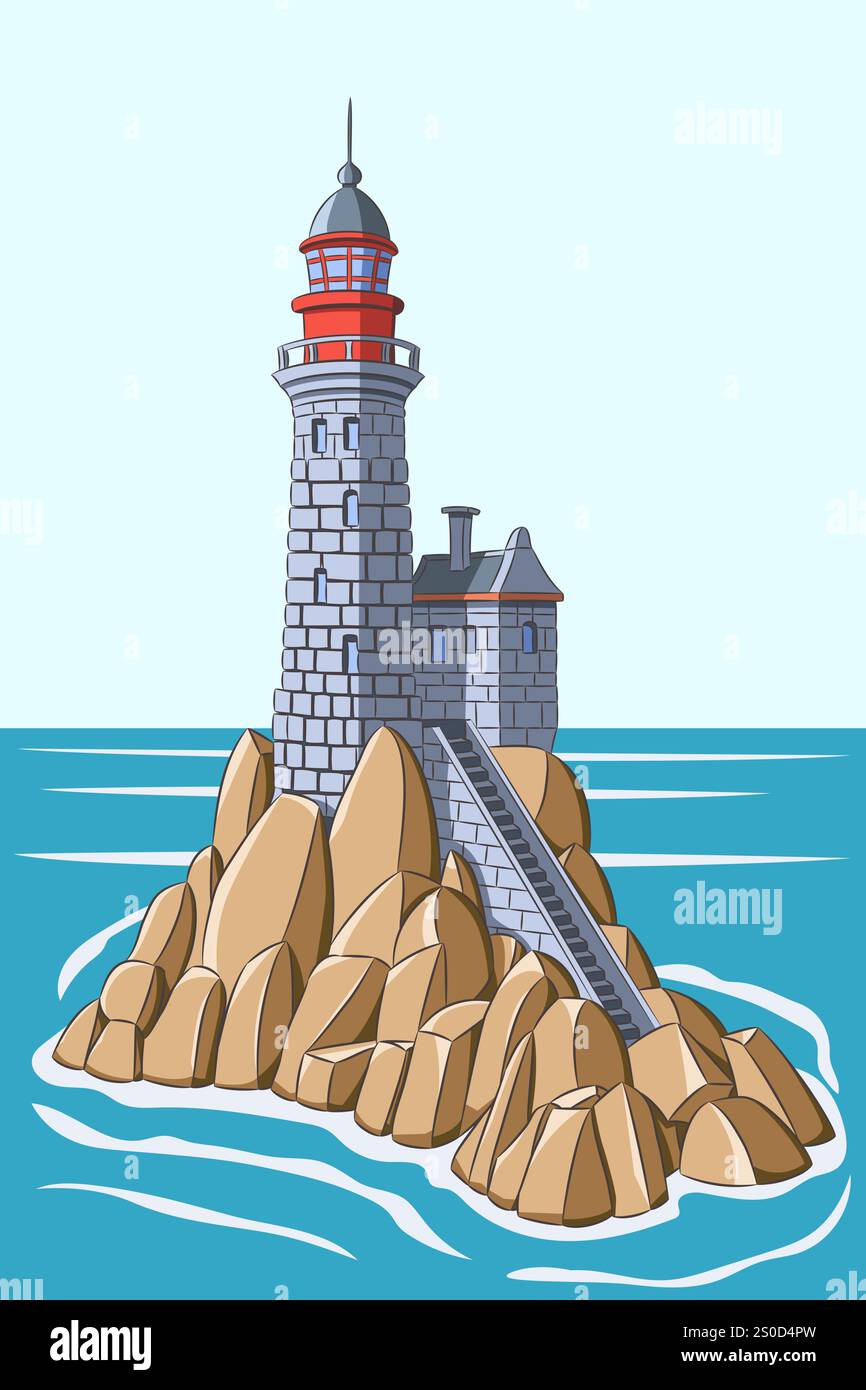 Faro sulla Rocky Coast in Vector Illustration Illustrazione Vettoriale