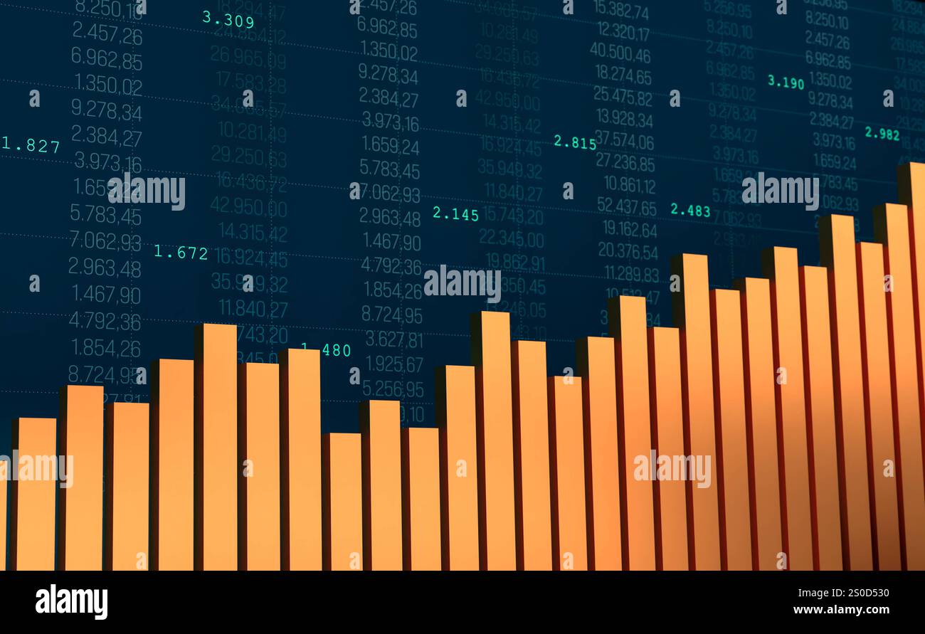 Grafico a barre arancione crescente. Grafico a barre arancione crescente. Business, dati, concetto di mercati finanziari, progresso, trading, crescita, dati di mercato e ricerca. img business061s02 bar graph Foto Stock
